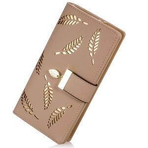 Tan women’s wallet leaf embellishments